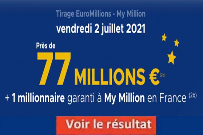 Résultat Euromillions et My Million tirage FDJ 2 juillet 2021 et gains