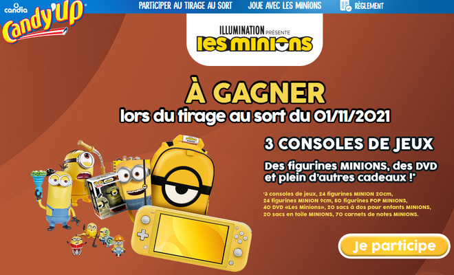 Grand Jeu candy Up Les Minions 2021 sur candia.fr : 3 consoles Nintendo et des goodies Les Minions en jeu