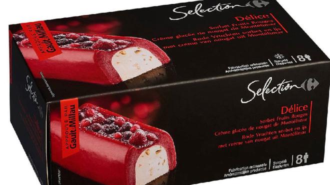 Rappel produit : Délice sorbet fruits rouges coeur glacé crème de nougat de Montelimard de marque Carrefour Sélection