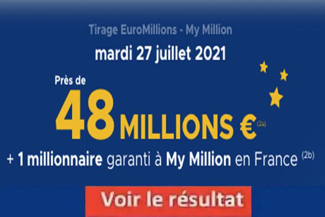 Résultat Euromillions et My Million tirage FDJ 27 juillet 2021 et gains