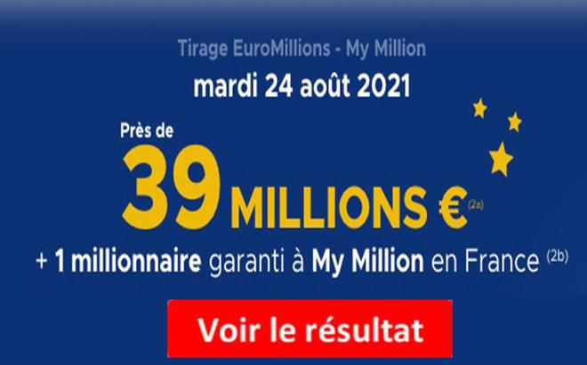 Résultat Euromillions et My Million tirage FDJ 24 août 2021 et gains [En Ligne]