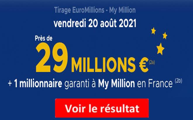Résultat Euromillions et My Million tirage FDJ 20 août 2021 et gains [En Ligne]