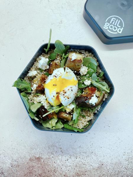 Recette lunch Box Salade aubergine quinoa oeuf mollet