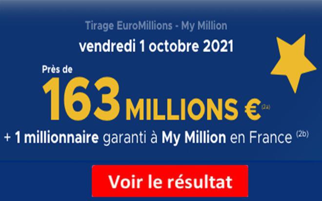 Résultat Euromillions et My Million du 1 octobre 2021 et grille des gains