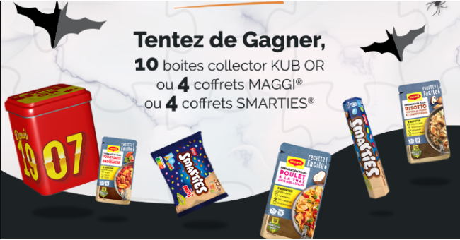 En jeu: 10 boîtes Collector Kub Or, 4 coffrets de 3 produits Smarties et+