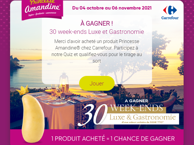 Jeu Princesse Amandine Carrefour sur princesseamandine.fr : 30 week-ends Luxe et Gastronomie à gagner
