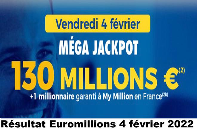 Résultat Mega Jackpot Euromillions et My Million du 4 février 2022 et grille des gains
