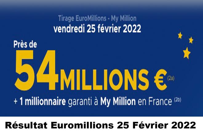 Résultat Euromillions et My Million du 25 février 2022 et grille des gains