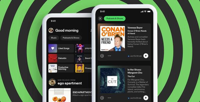 Spotify : nouveau design pour l’écran d’accueil, séparant la musique des podcasts