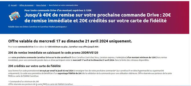 Carrefour Drive : 20€ de réduction + 20€ de crédit sur la carte pour une commande de 120€