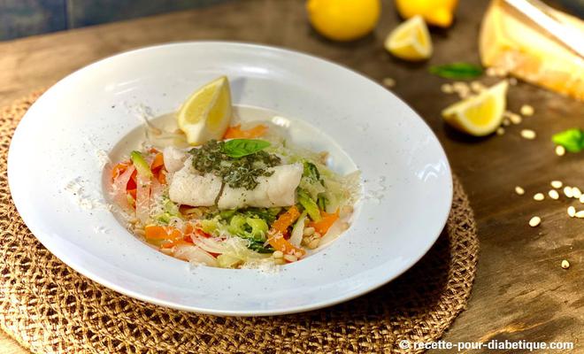 Dos de cabillaud au Pesto et Pâtes de Légumes