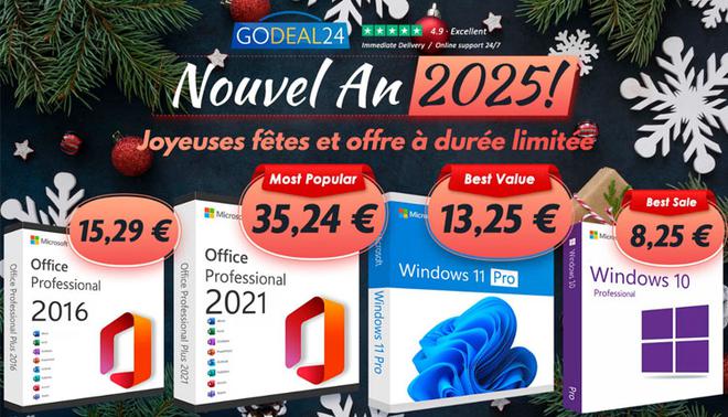 Commencez l’année 2025 en beauté avec Microsoft Office et Windows 11 dès 10€ durant les promos du Nouvel An de Godeal24 !