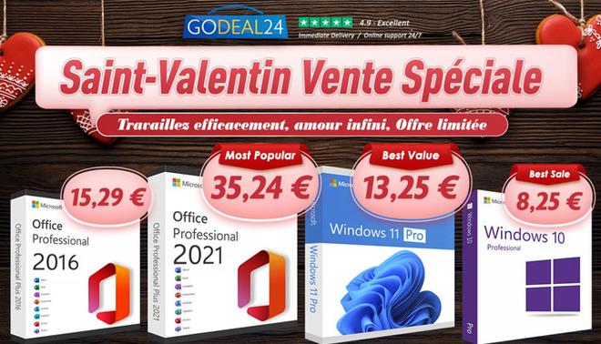 Pour la Saint Valentin, faîtes plaisir à votre chéri(e) avec Microsoft Office et Windows 11 dispo dès 10€ chez Godeal24