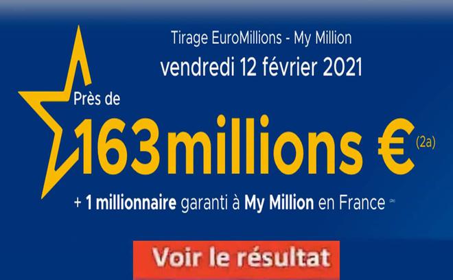 Résultat Euromillions et My Million Mega Jackpot tirage FDJ 12 février 2021 et gains