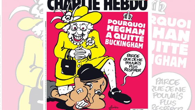 «Charlie Hebdo»: Elizabeth II étouffe Meghan Markle en Une, le Royaume-Uni scandalisé