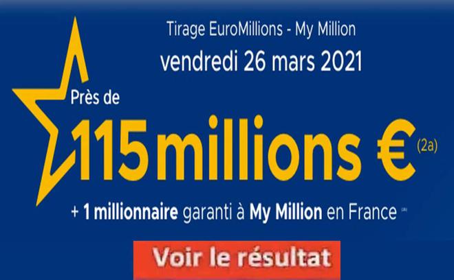 Résultat Euromillions et My Million tirage FDJ 26 mars 2021 et gains