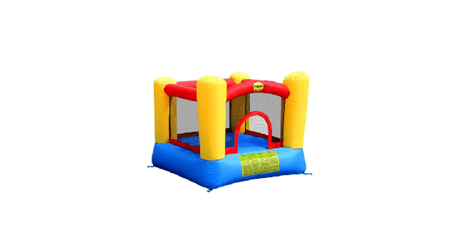 Aire de jeux gonflable Happy Hop château jaune : une structure idéale pour les petits espaces