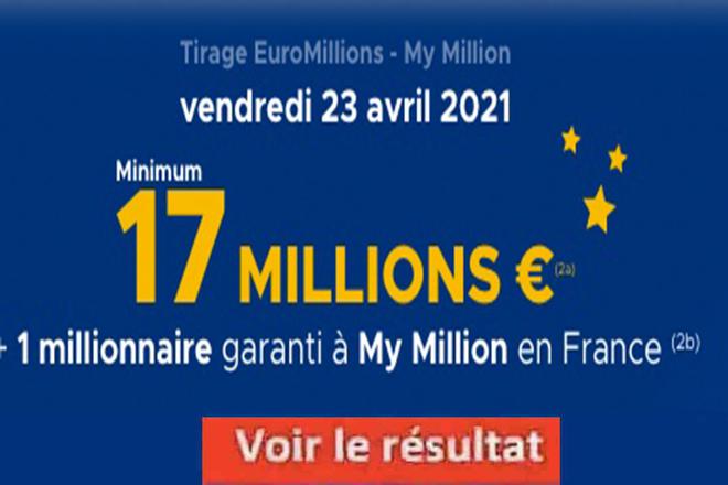 Résultat Euromillions et My Million tirage FDJ 23 avril 2021 et gains