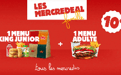 Offre Mercredeal Burger King : 1 menu King Junior + 1 menu adulte à partir de 10€
