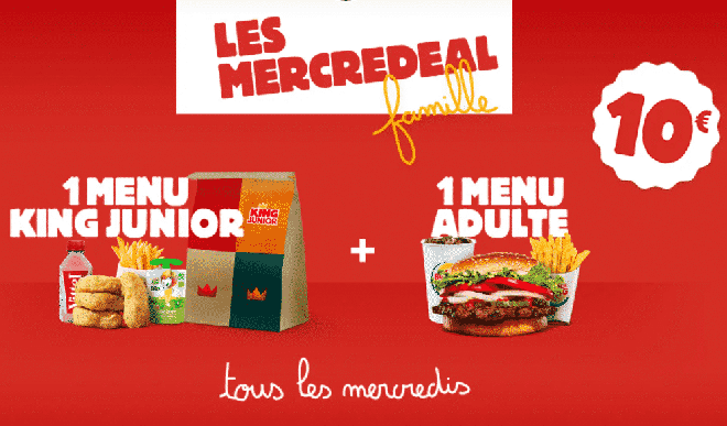 Offre Mercredeal Burger King : 1 menu King Junior + 1 menu adulte à partir de 10€
