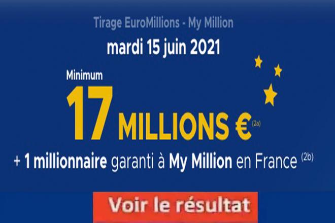 Résultat Euromillions et My Million tirage FDJ 15 juin 2021 et gains